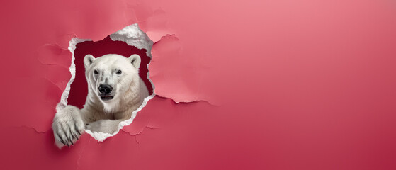 A fresh take on wildlife presentation, with a polar bear's paw visible through a stylish rip in soft pink paper background