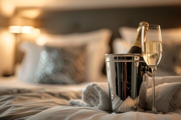 Champagne by bed for honeymoon - obrazy, fototapety, plakaty