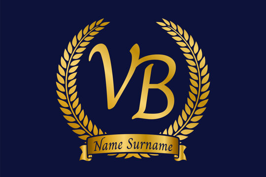 Initial letter V and B, VB monogram logo design with laurel wreath. Luxury golden calligraphy font.