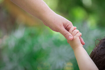 Family holding children hands walking through a park together 