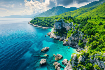 Aerial view of rocky coastline with lush greenery and turquoise sea