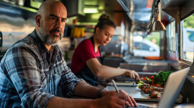 male entrepreneur and his female colleague works nearby, preparing delicious meals for customers,