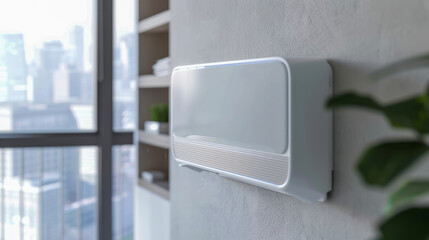 This image showcases a sleek air purifier mounted on a clean wall, symbolizing health and modern living
