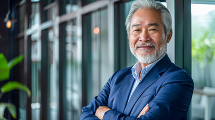 A senior Asian man with gray hair, confidently smiling and crossing his arms, in a blue suit standing indoors