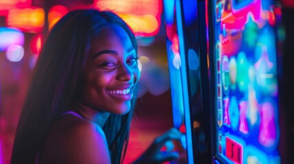 A Woman Enjoying Neon Arcade