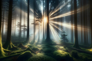Sonnenstrahlen im mystischen Wald - Zauberhaftes Licht und Natur - obrazy, fototapety, plakaty