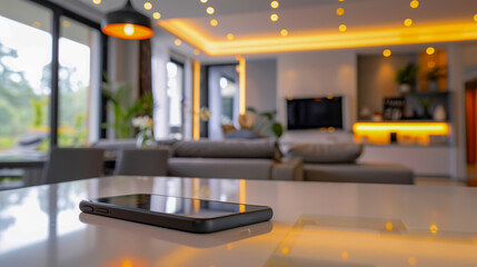 A contemporary kitchen interior with a smartphone in focus, demonstrating connectivity in everyday life