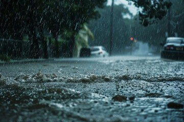 Torrential rains pour down, a deluge unleashed by the hurricane, flooding streets and overwhelming drains - obrazy, fototapety, plakaty