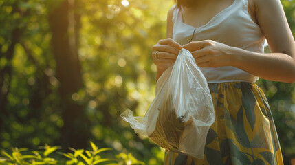 
The midsection of a female environmentalist is depicted as she diligently ties a knot on a plastic bag at a park, 