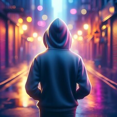 A boy with his back turned walks down a city alley wearing a hood - obrazy, fototapety, plakaty
