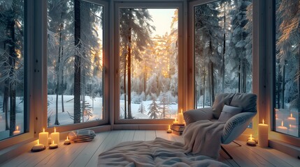 A serene reading nook with a large bay window showcasing a dense, snowy forest in winter. The nook is furnished with a comfortable chair, soft lighting, and warm blankets - obrazy, fototapety, plakaty