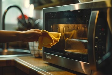 Cleaning microwave with cloth - obrazy, fototapety, plakaty