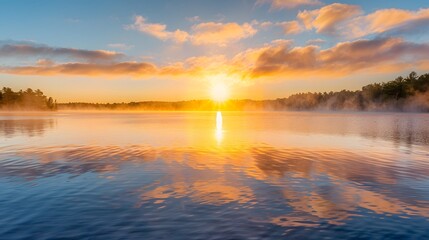 A serene summer sunrise over a tranquil lake, with mist rising off the water and the first rays of sun casting a golden glow across the scene. - obrazy, fototapety, plakaty