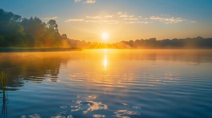 A serene summer sunrise over a tranquil lake, with mist rising off the water and the first rays of sun casting a golden glow across the scene.