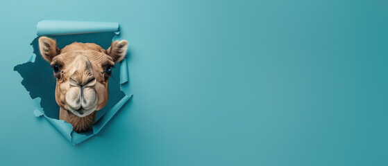 A curious camel appears to be peeking through a ripped blue paper background, creating a playful and engaging image