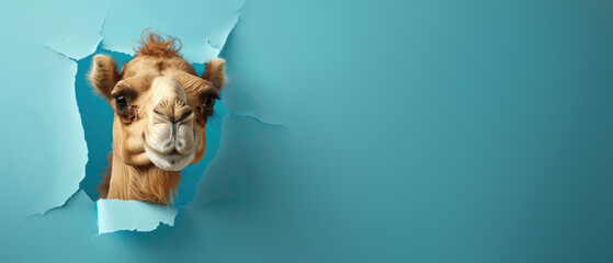 A camel's intrigued face looks through a torn hole in a blue paper background, offering a humorous element - obrazy, fototapety, plakaty