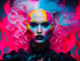 Colorful Couture. Bold Makeup and Bright Hues. Stylish Contrast in Fashion