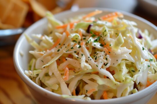 Close up of a crunchy coleslaw bowl