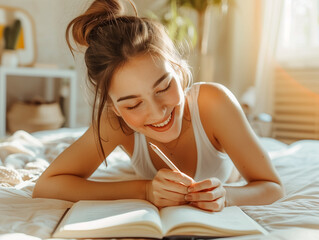 Young woman writing in a planner or diary while lying on a bed in natural light