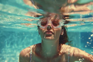 Foto auf Acrylglas Beautiful glamour woman is submerged in clear, blue water in swimming goggles © Aleksandra