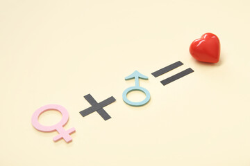Female plus male equals love equation on beige background