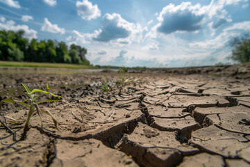 resilience of nature, showcasing small green plants sprouting amidst a vast area of cracked, dry earth under a cloudy sky