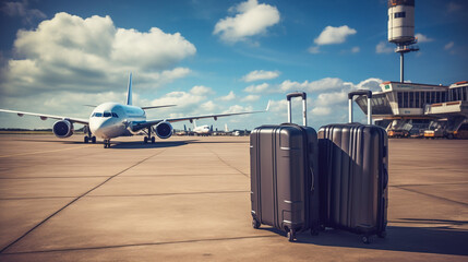 Travel concept. Airport with luggage suitcases and airplane