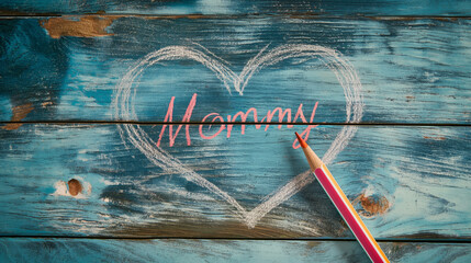 A chalk-drawn heart and the word "Mommy" written in cursive with a red and pink colored pencil on a rustic blue wooden background.