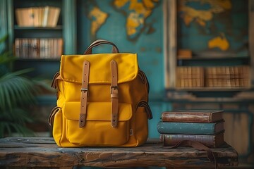Yellow school bag with books on classroom background for backt. Concept School Supplies, Classroom Setting, Academic Essentials, Educational Tools, Back to School