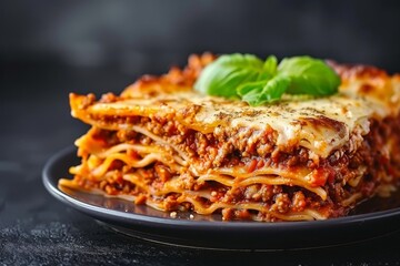 Fototapeta premium Close up of homemade meat lasagna on gray plate with basil leaf Traditional Italian recipe