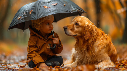A Child and Their Dog Playing in the Rain