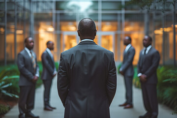 Businessmen in Suits Standing in Front of Building - obrazy, fototapety, plakaty