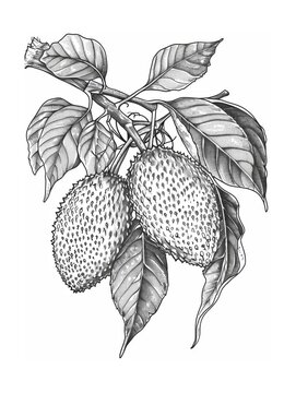 Detailed hand-drawn botanical illustration of a tropical fruit tree branch with round bumpy fruits and large pointed leaves. The branch has a thick, rough texture, adding to the realism of the image.