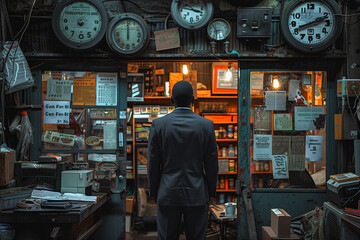 Fototapeta na wymiar Man Standing in Front of Clock-Filled Store