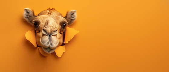 Engaging front view of a camel's face looking through a yellow paper hole