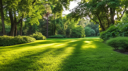 Obraz premium A Green Park Bathed in Morning Sunshine. Summer Splendor in the Heart of the Forest