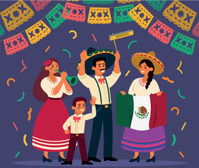 Obraz premium Fiesta México, vector familia mexicana celebrando con bandera, matraca y trompeta