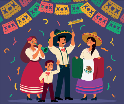 Fiesta M&eacute;xico, vector familia mexicana celebrando con bandera, matraca y trompeta