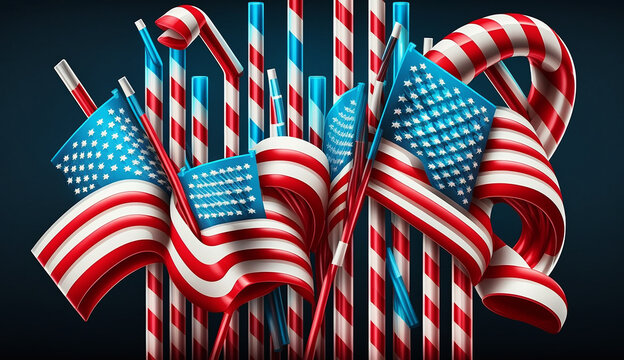Independence day USA banner of American flags, drinking straws, Ai generated image