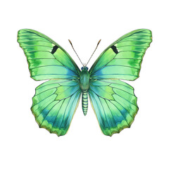 Luminous green butterfly with translucent wings, white background