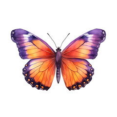 Vibrant butterfly with orange and purple wings, white background
