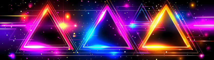 A visually striking homage to the vibrant aesthetic of the 1980s, as a dynamic ultra-wide backdrop adorned with geometric triangles captures the essence of retro nostalgia with a modern twist
