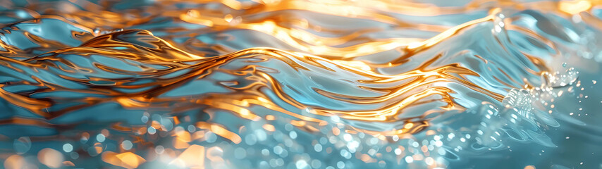Mesmerizing close-up of undulating water, intricately mirrors a breathtaking spectrum of gold and blue light, collectively weaving an awe-inspiring tapestry of wonder in an expansive & immersive scene - obrazy, fototapety, plakaty