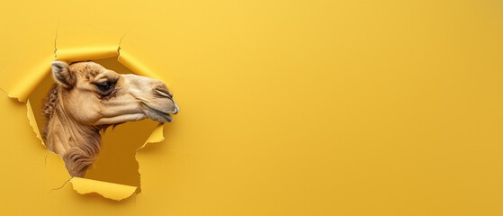A lighthearted and amusing camel appears to peek playfully through a yellow paper hole cutout