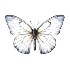 Delicate white butterfly with translucent wings and soft grey accents, isolated on white