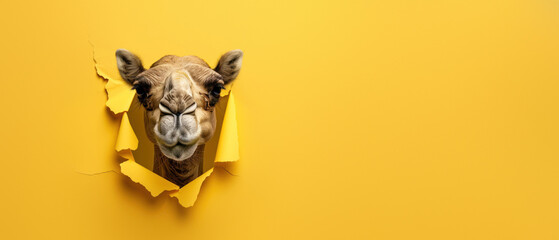 An endearing image capturing a cheerful camel's expression as it appears to come out of a torn yellow paper - obrazy, fototapety, plakaty