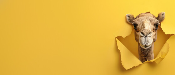 A curious camel peeks its face through a ripped yellow paper, creating an engaging and humorous image