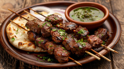 Traditional pakistani seekh kebabs with naan and sauce
