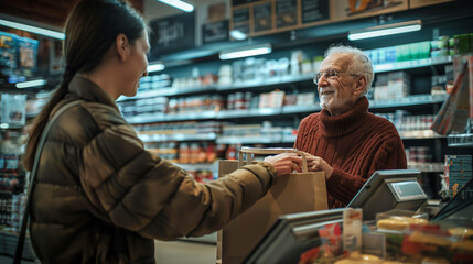 person in supermarket, a photographer having a conversation with a shop owner, 