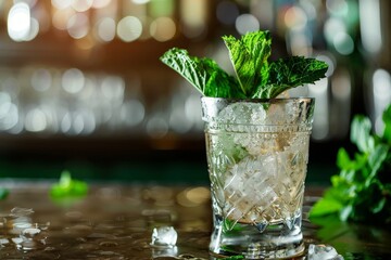 Closeup of a mint julep glass with fresh mint on a table - obrazy, fototapety, plakaty